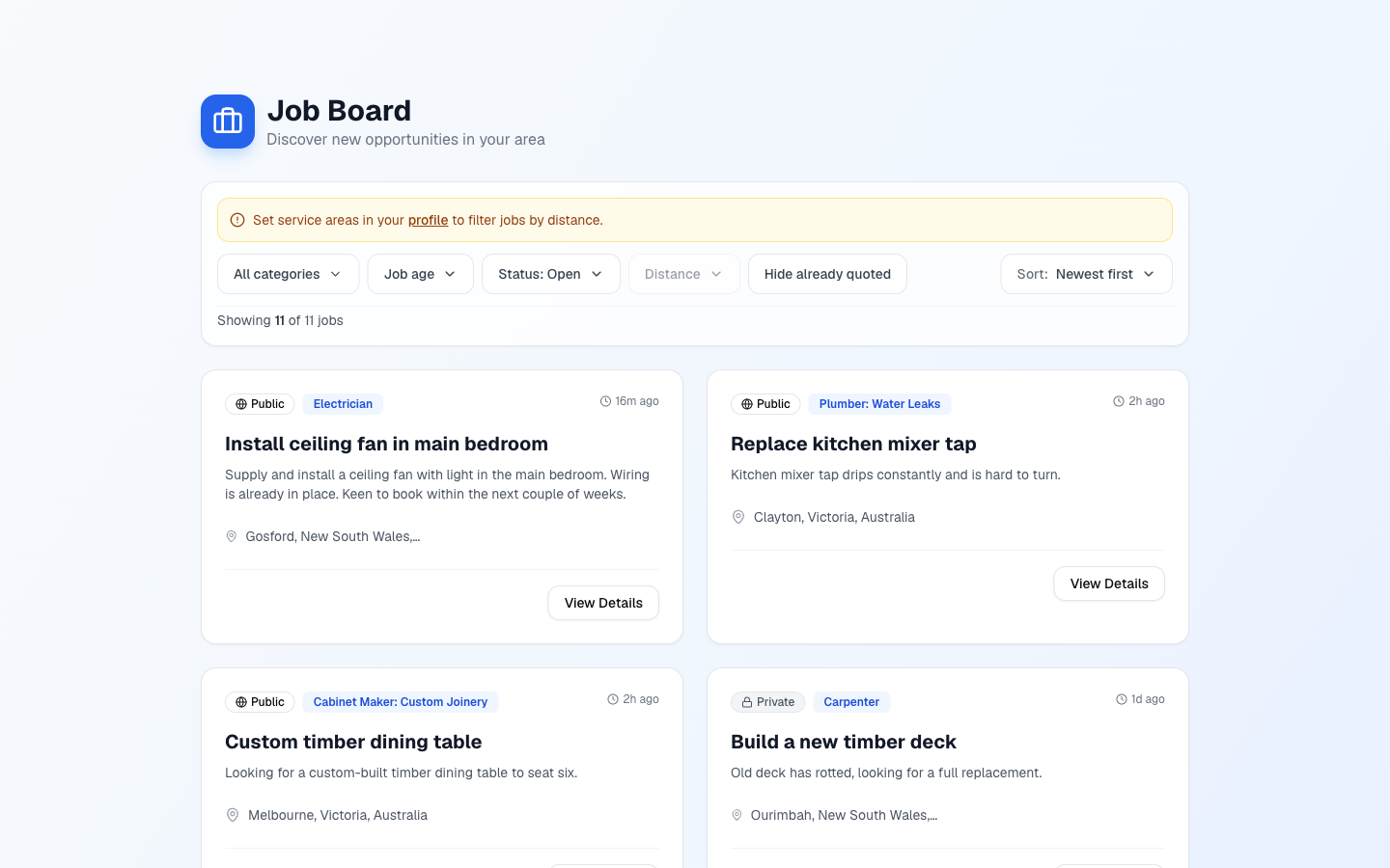 Job Board showing available jobs