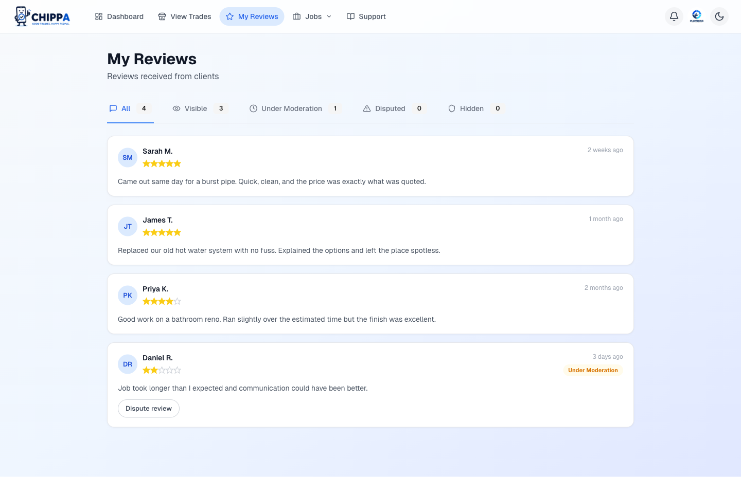 My Reviews page with ratings and dispute button