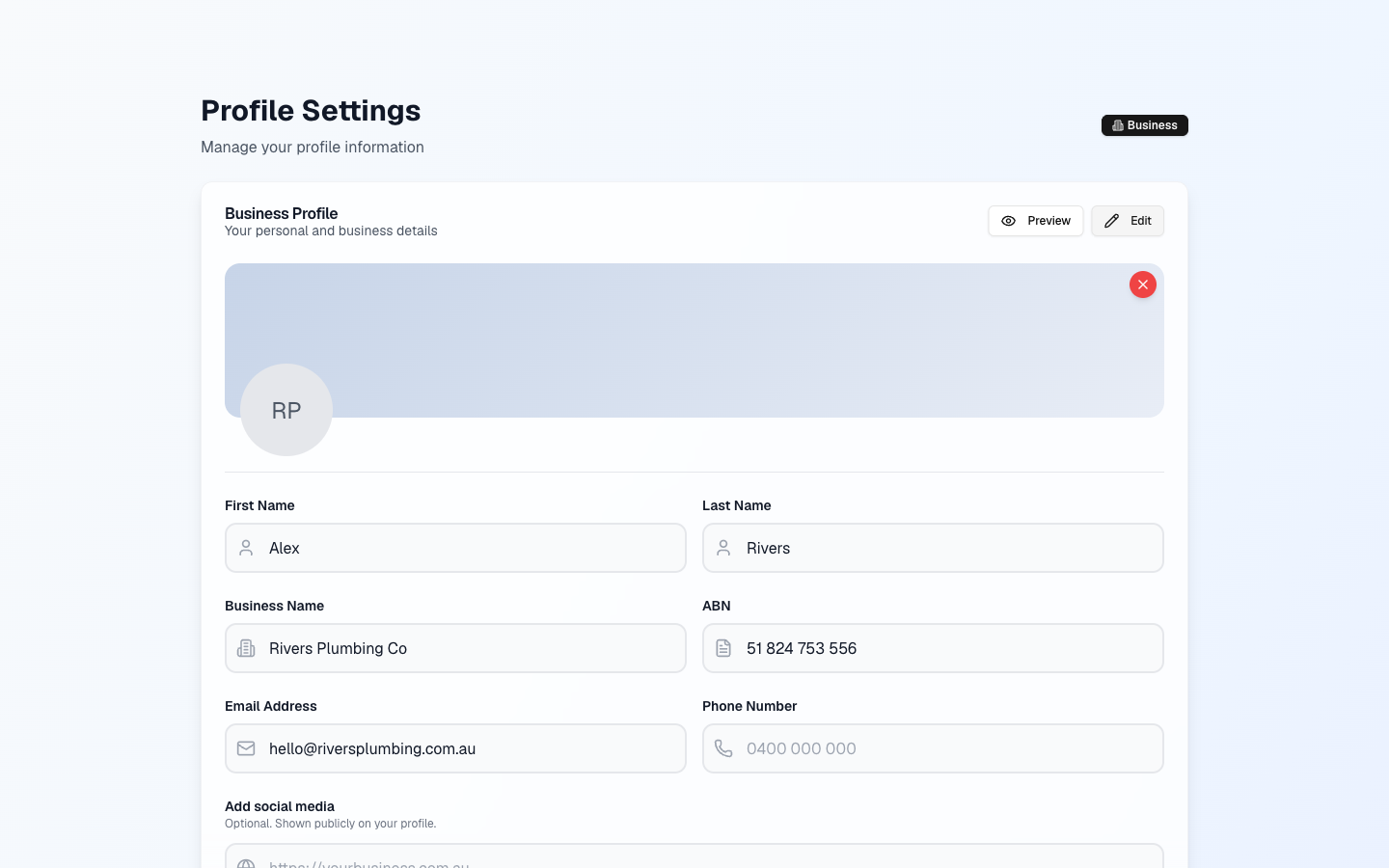 Business profile settings page
