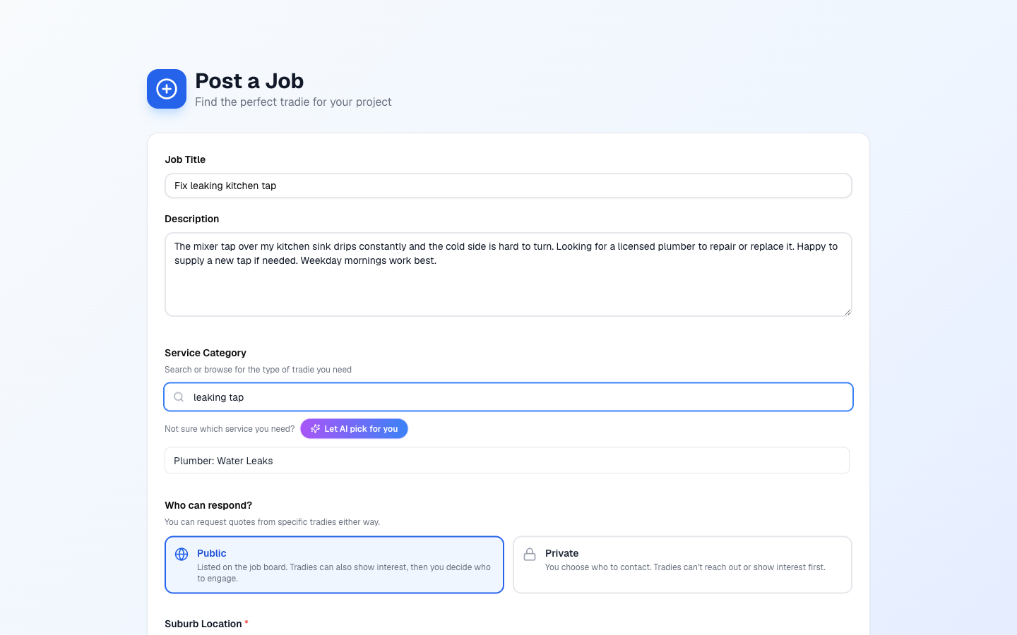 Job creation form