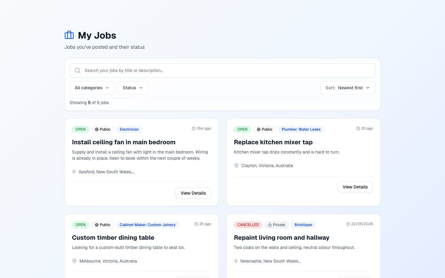 My Jobs list