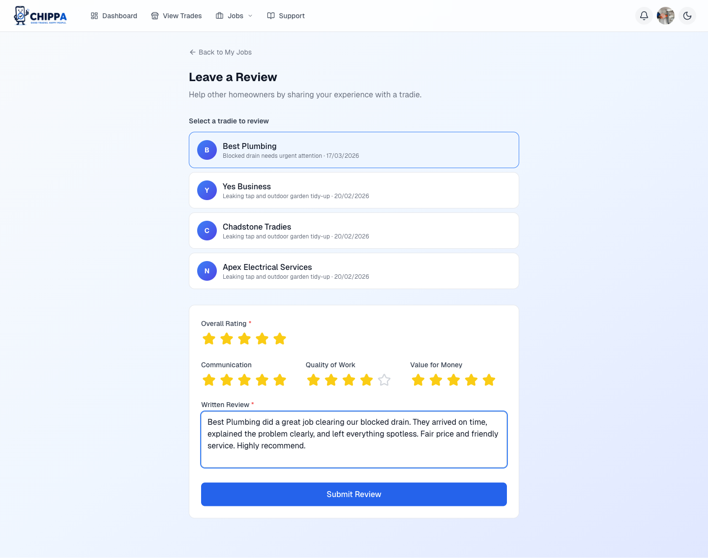 Review form with star ratings