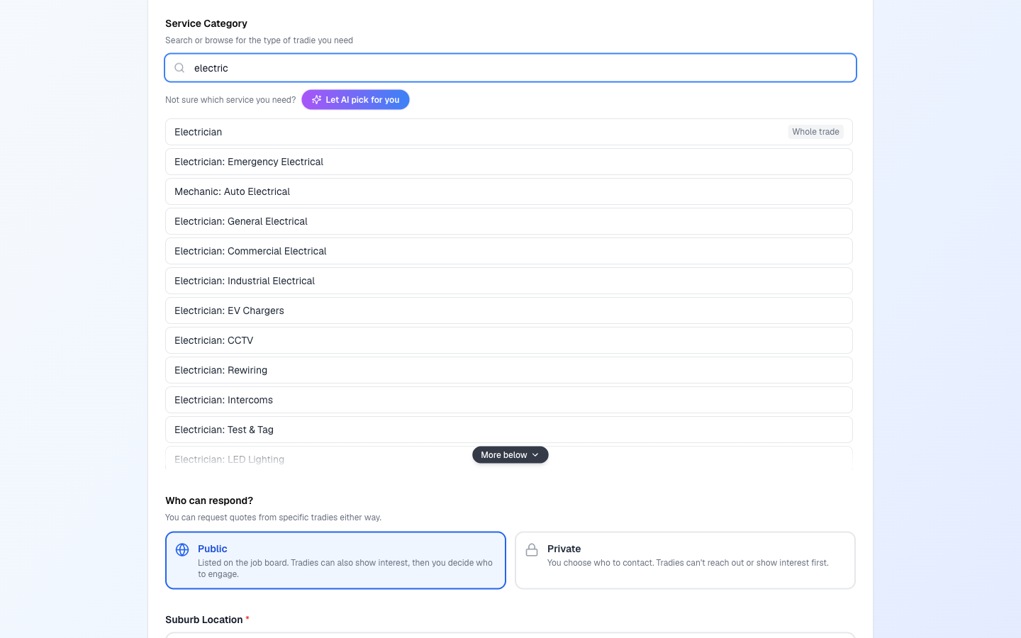 Search-first category picker with results