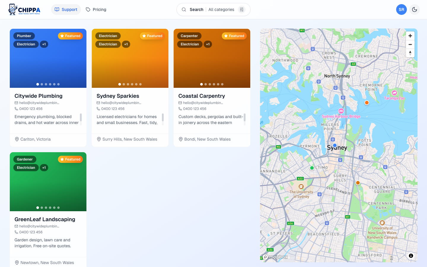 Marketplace with map and service pins