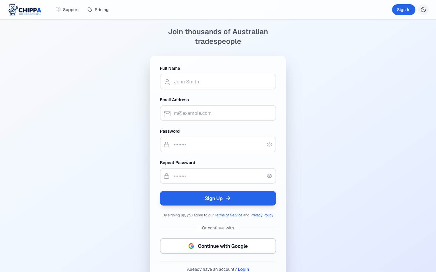 Sign up form