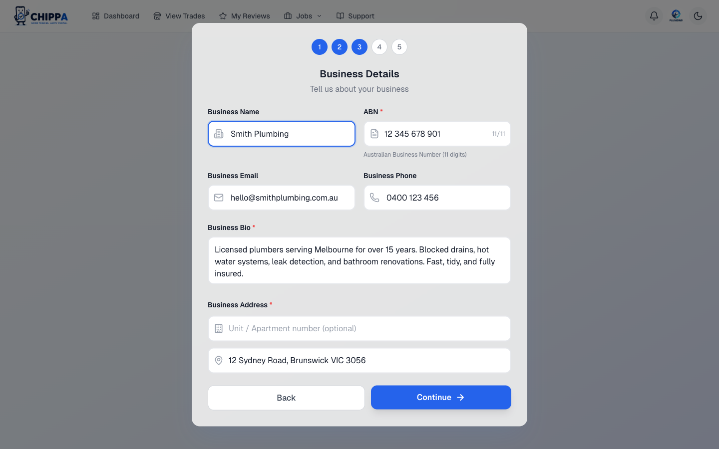 Business details form