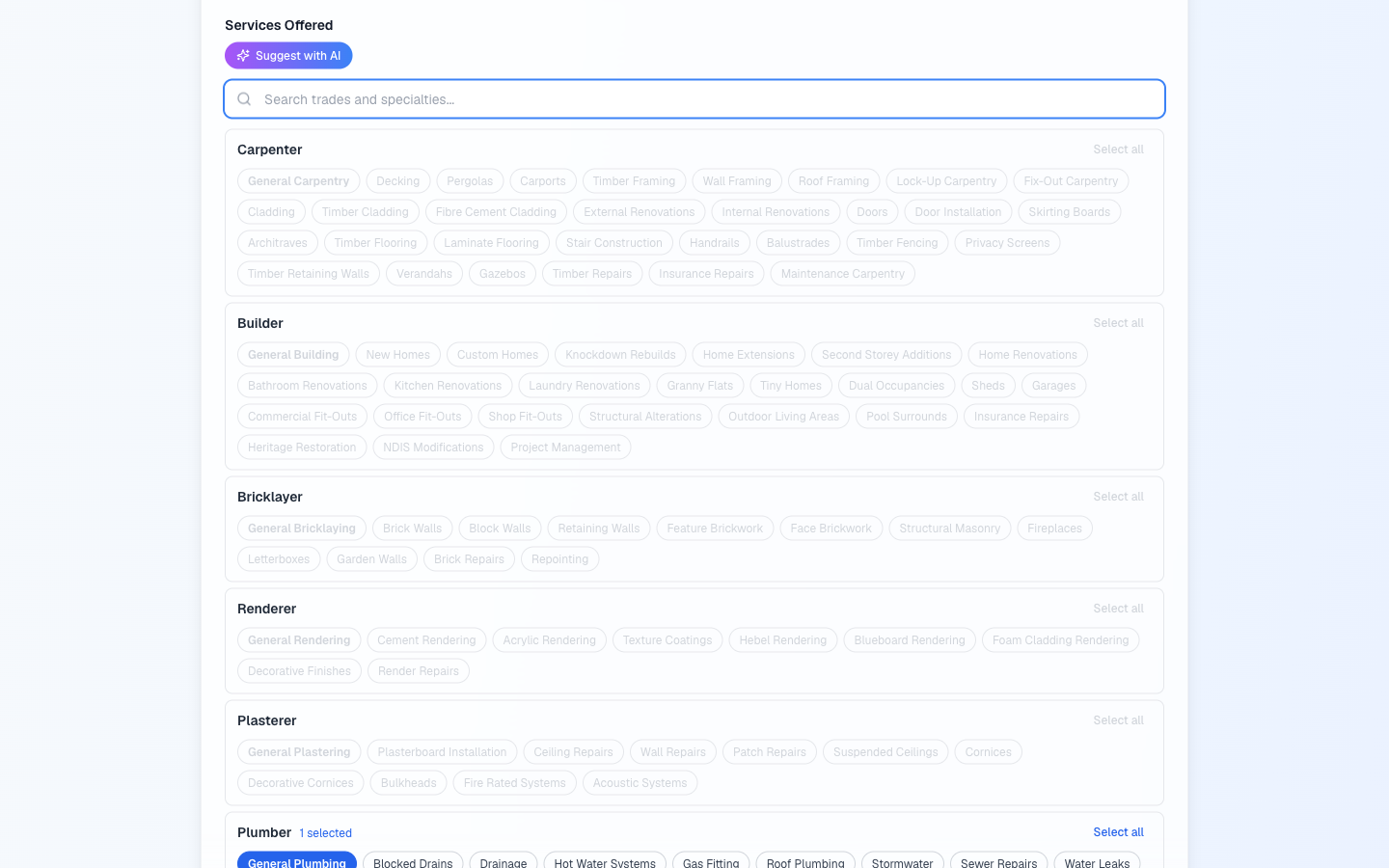 Trade and specialty service selector