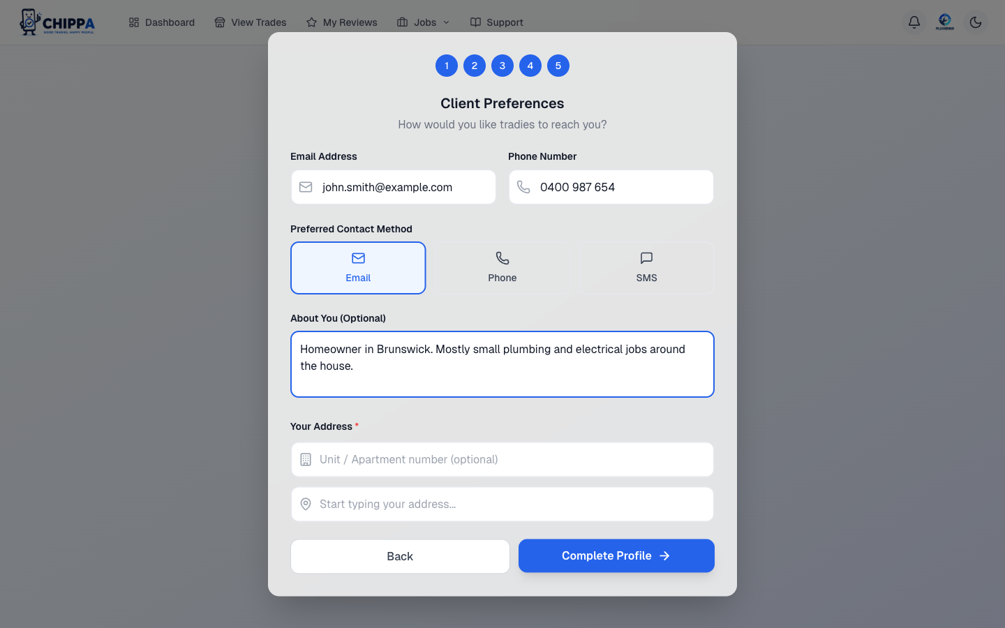 Client preferences form